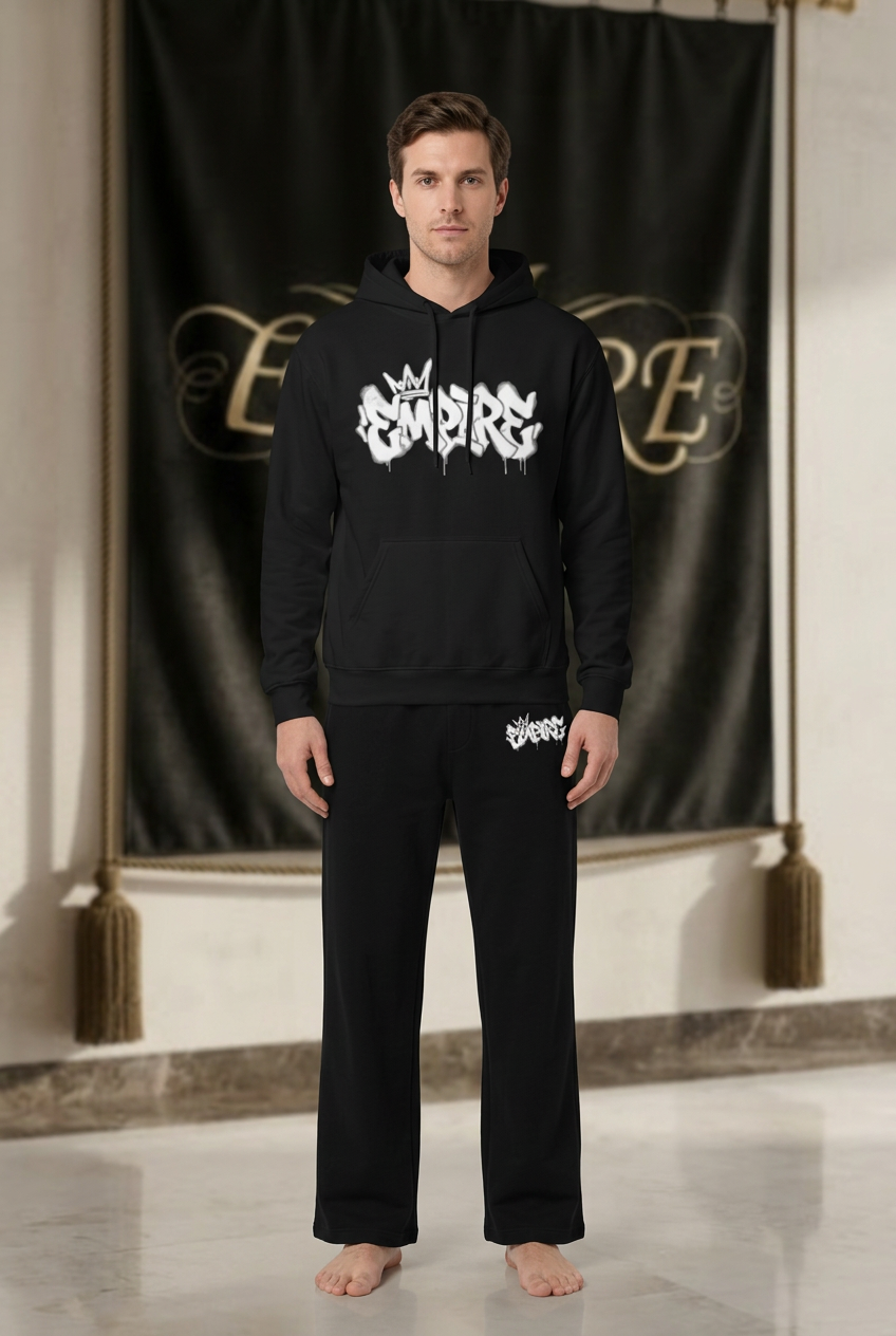 EMPIRE men's Graffiti set, black pullover hoodie with white graffiti lettering and matching black wide-leg pants, worn front view.