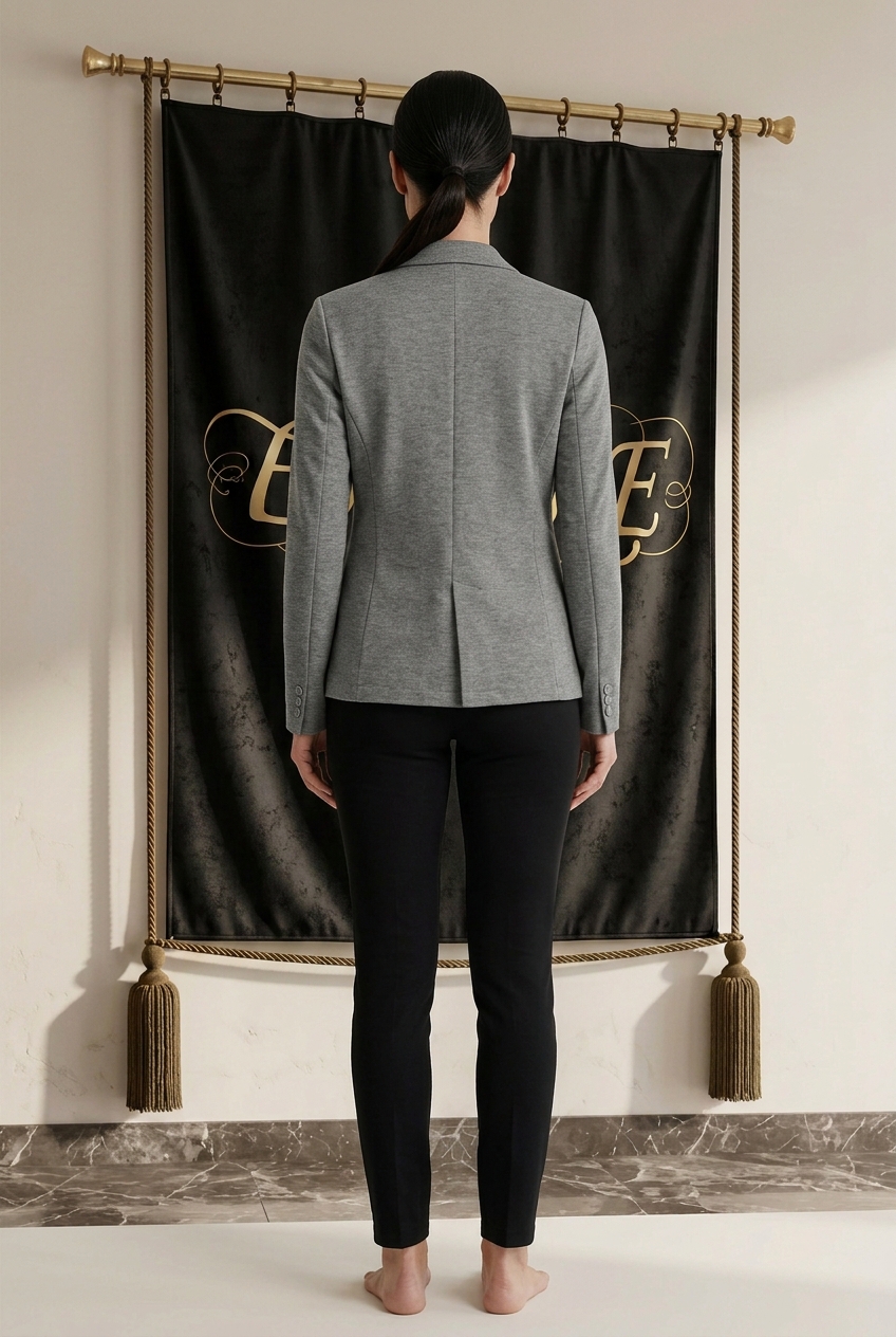 Blazer gris femme EMPIRE Relaxed Knit, dos uni avec couture centrale et fente, vue arrière portée dans le décor EMPIRE