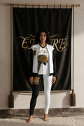 EMPIRE women's Luxury Leopard bomber jacket, V-neck sports jersey and black-and-white leggings, worn front view.