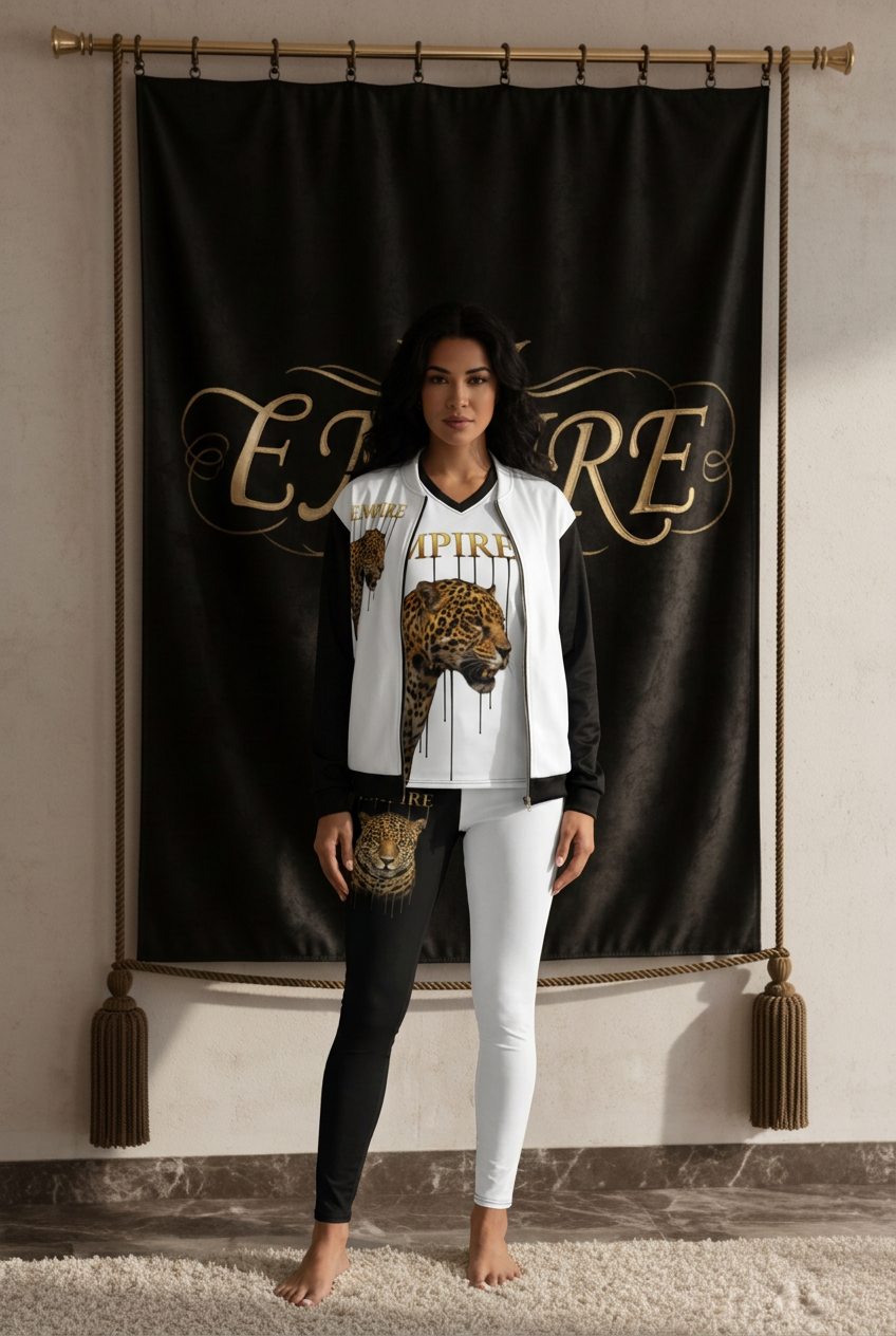EMPIRE women's Luxury Leopard bomber jacket, V-neck sports jersey and black-and-white leggings, worn front view.
