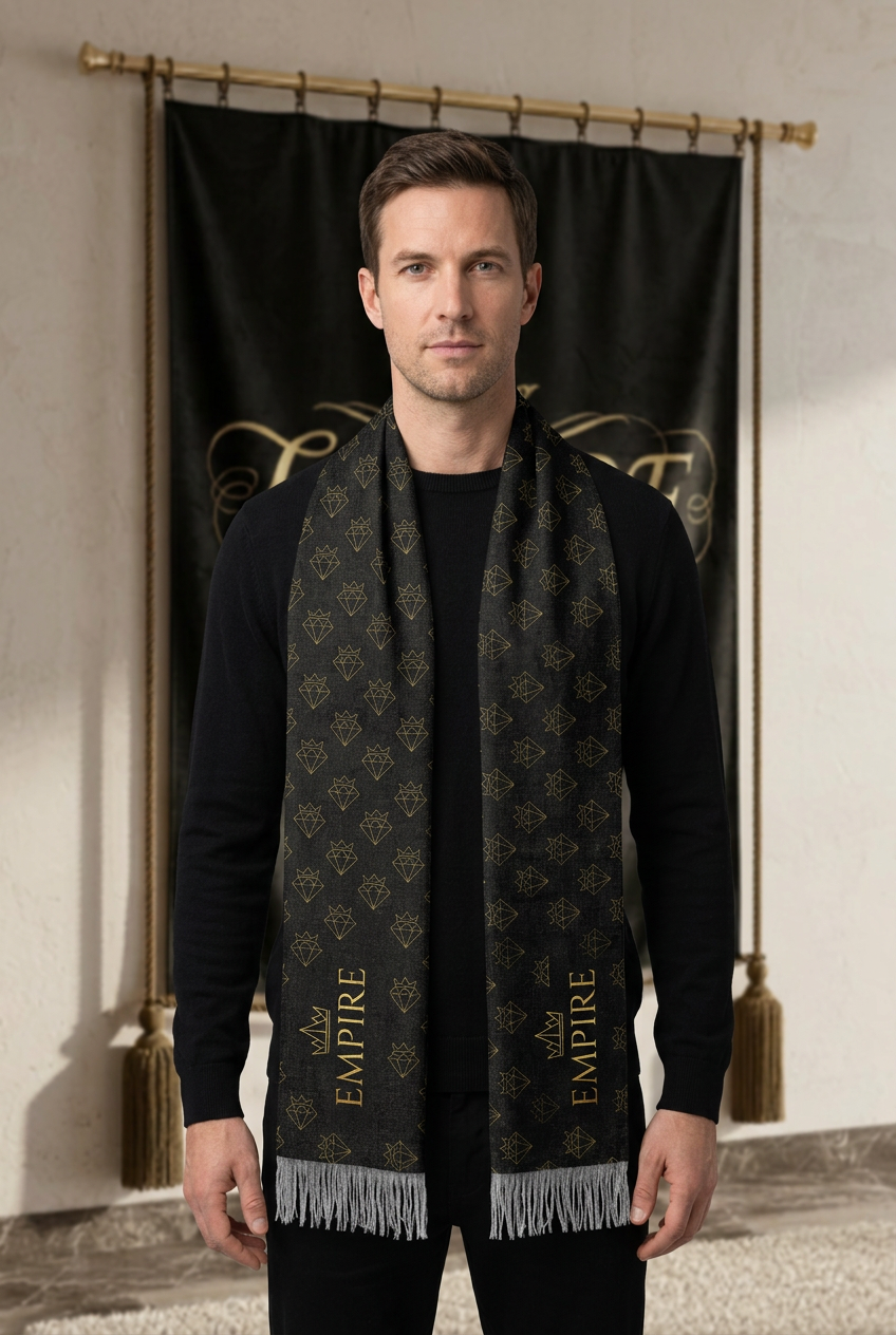 Écharpe noire homme EMPIRE Gold Diamond Crown à losanges couronnés dorés, portée avec les deux extrémités à franges visibles dans le décor EMPIRE
