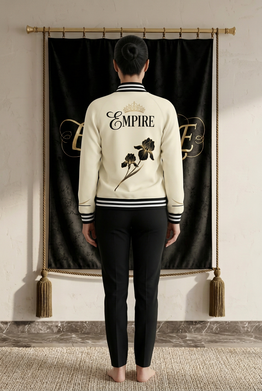 Veste varsity ivoire femme EMPIRE Gold Iris Graphique, logo couronné et deux iris noirs et dorés, vue arrière portée dans le décor EMPIRE