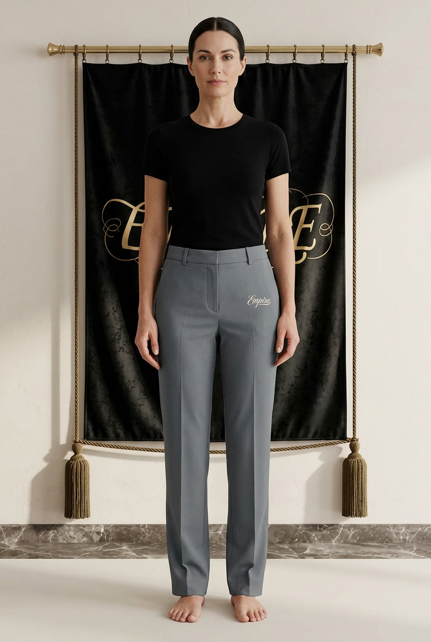 Pantalon gris femme EMPIRE Elegant Script à signature sur la cuisse gauche, vue de face portée avec un haut noir rentré
