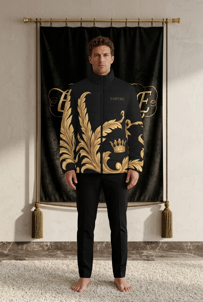 Doudoune noire homme EMPIRE Plumes Imperial à col montant, plumes et couronne dorées, vue de face portée