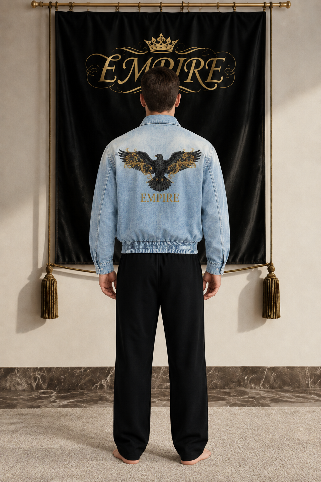 Light blue men's EMPIRE vintage-wash denim jacket with black and gold eagle graphic, back view on barefoot male model