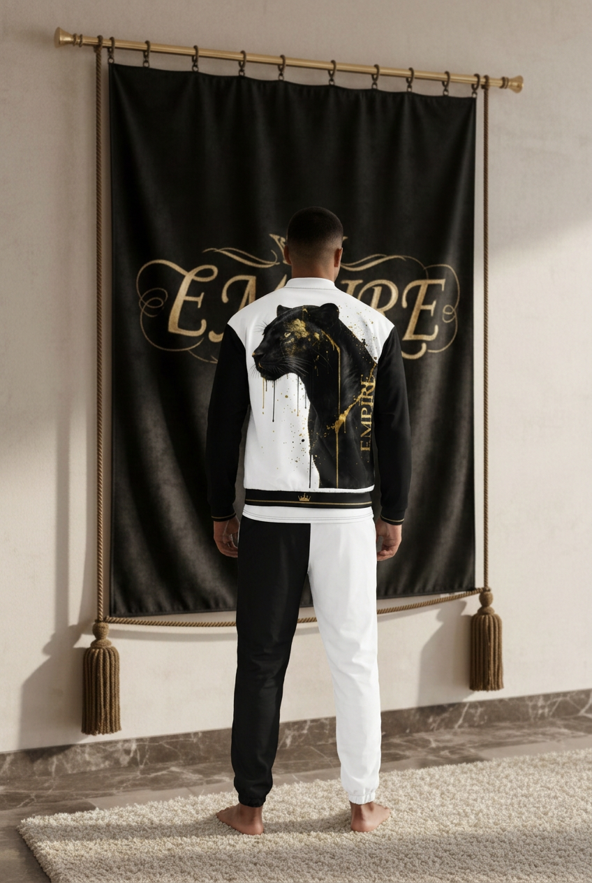 EMPIRE men's Panther outfit in black and white, bomber jacket with large panther design and matching track pants, back view.