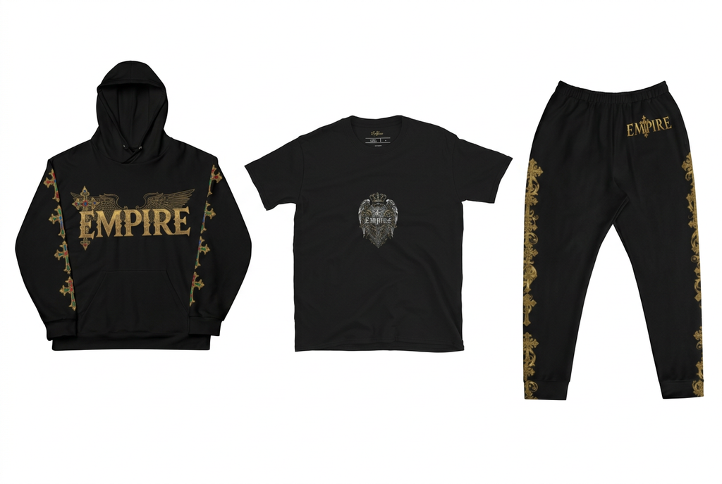 EMPIRE King hoodie, King Shield T-shirt and Baroque joggers in black with gold and silver-toned designs, separate front views on white.