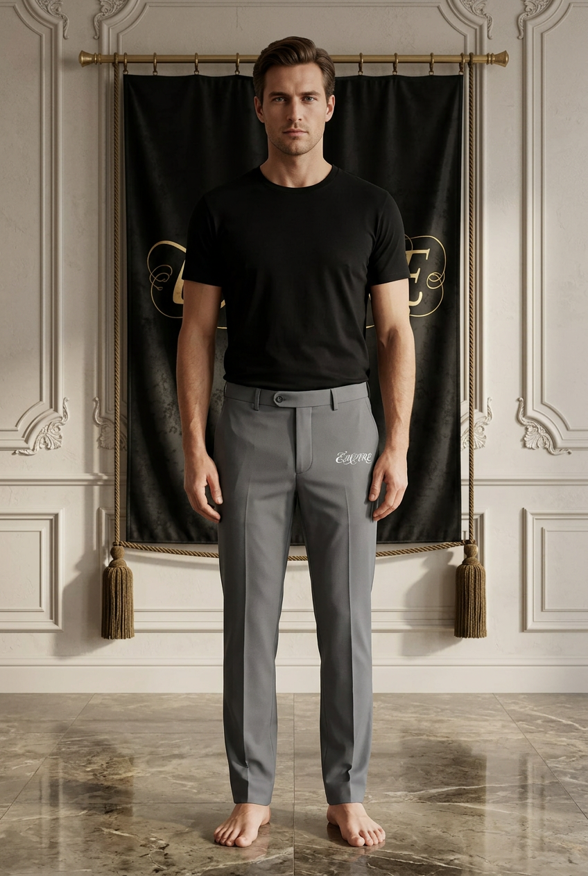 Pantalon gris homme EMPIRE Eterne avec signature blanche sur la cuisse gauche, vue de face portée