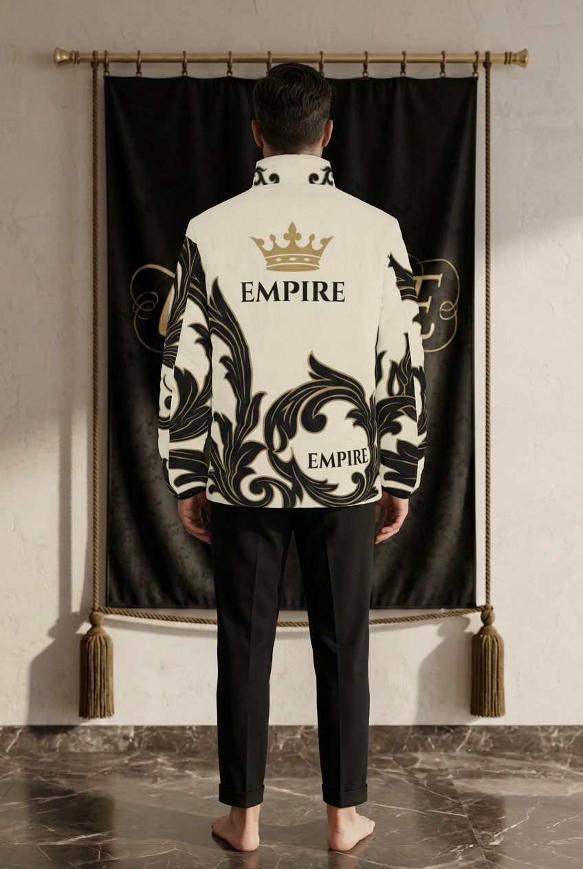 Doudoune ivoire homme EMPIRE Arabesque, couronne dorée et inscriptions EMPIRE au dos avec arabesques noires, vue arrière portée
