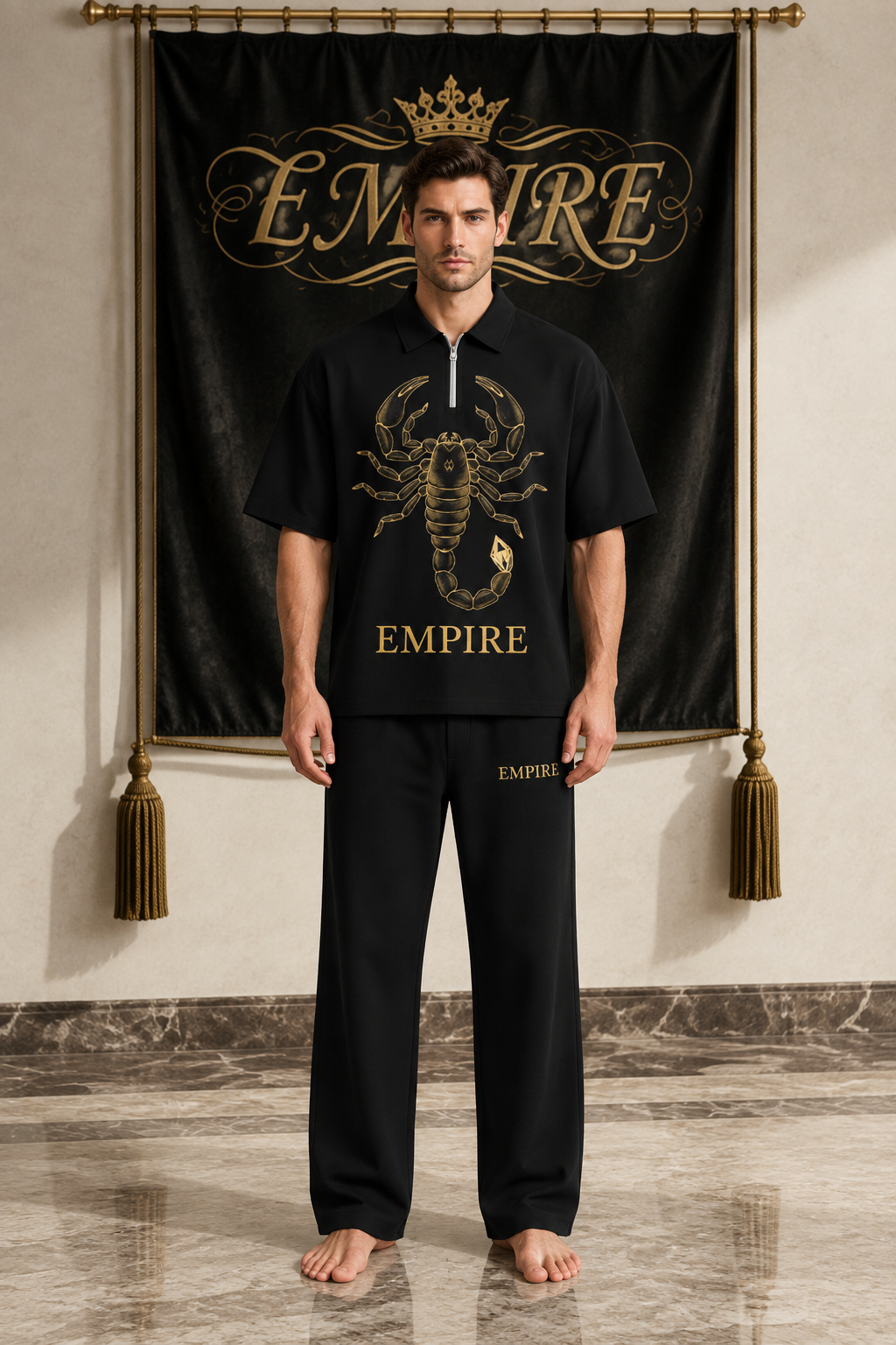 Black men's EMPIRE quarter-zip polo shirt with antique-gold outlined scorpion and gold wordmark, front view on barefoot male model