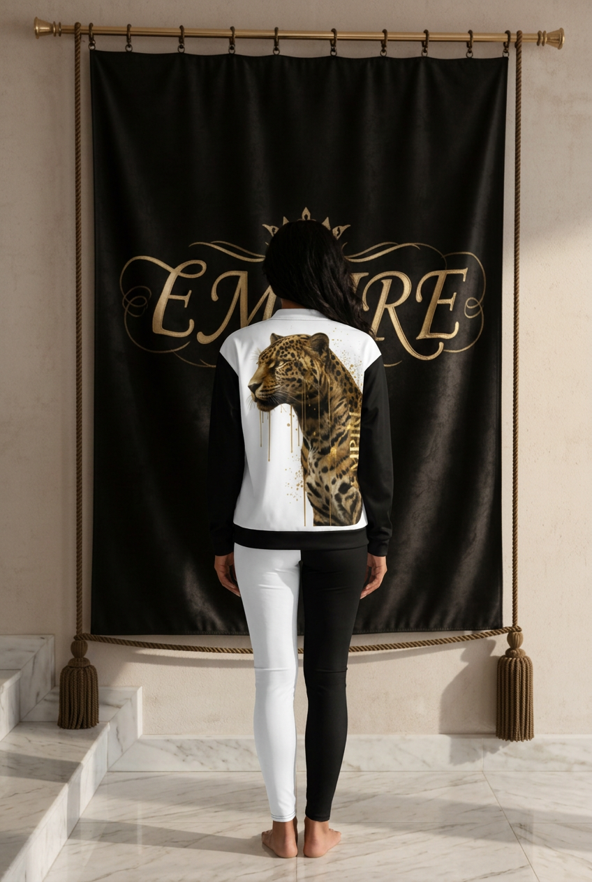 EMPIRE women's Luxury Leopard bomber with large leopard portrait and split black-and-white leggings, worn back view.