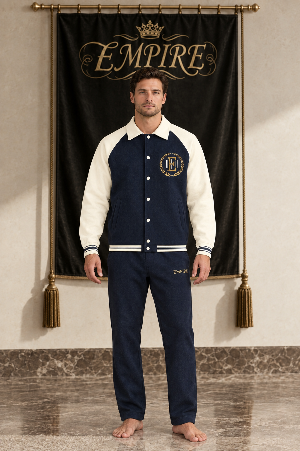 Navy and ivory men's EMPIRE raglan-sleeve baseball jacket with gold chest crest, front view on barefoot male model