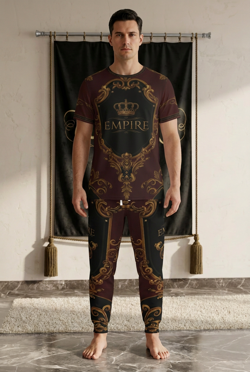 T-shirt homme EMPIRE Baroque Ornament porté entièrement sorti sur le jogger assorti, vue de face dans le décor EMPIRE