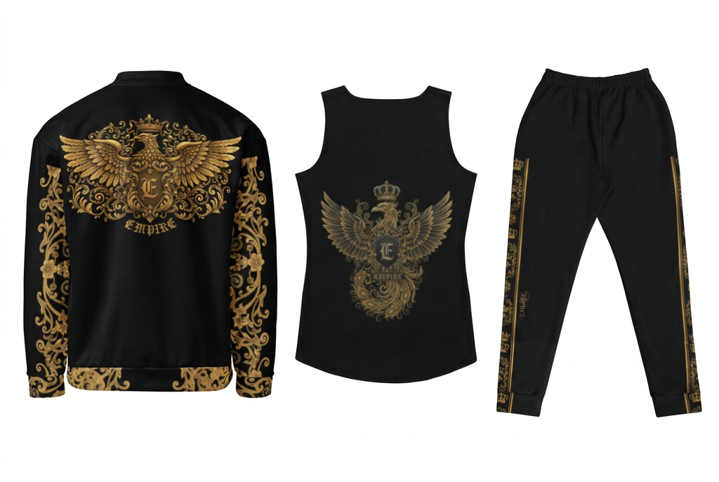 EMPIRE Gold Baroque bomber and tank top with distinct eagle crests, alongside baroque joggers, separate back views.