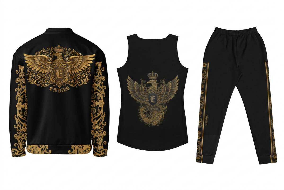 EMPIRE Gold Baroque bomber and tank top with distinct eagle crests, alongside baroque joggers, separate back views.