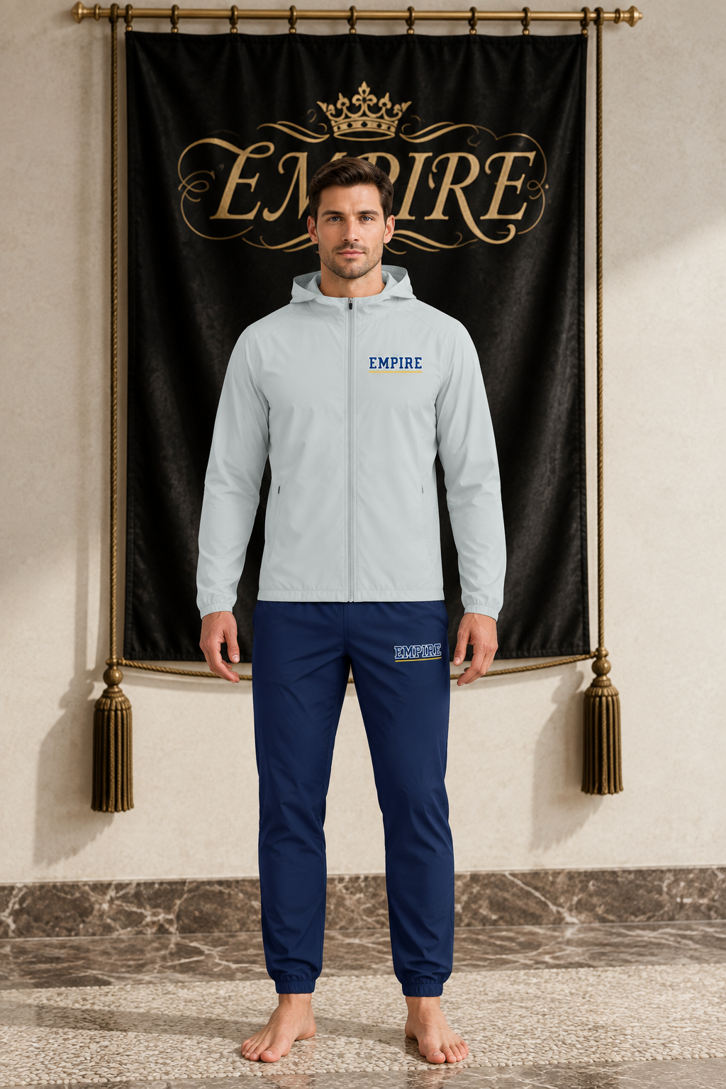 Light grey men's EMPIRE hooded sports jacket with navy and yellow chest wordmark, front view on barefoot male model