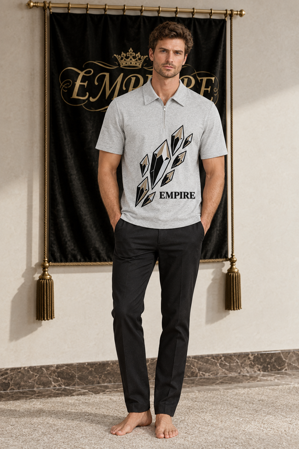 Light grey men's EMPIRE Obsidian Prism half-zip cotton polo shirt with black, white and beige geometric crystal graphic, front view