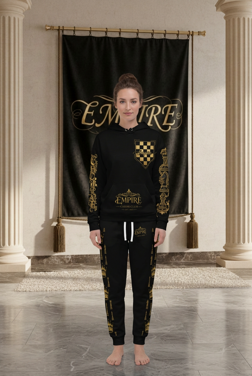 EMPIRE women's Chess Club hoodie and Crown & Chess Piece joggers in black with gold-toned artwork, worn front view.