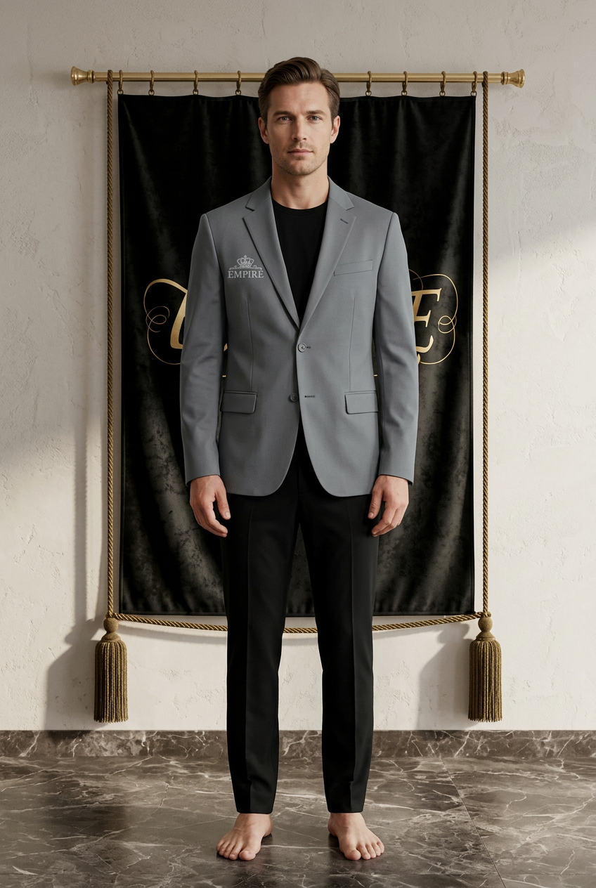 Blazer gris homme EMPIRE Crown Logo, couronne et inscription argentées sur la poitrine droite, vue de face portée