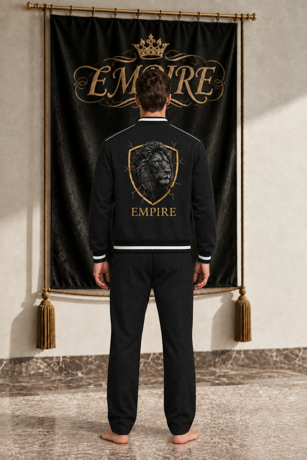 Black men's EMPIRE contrast-piping bomber jacket with fractured gold shield and black lion graphic, back view on barefoot male model