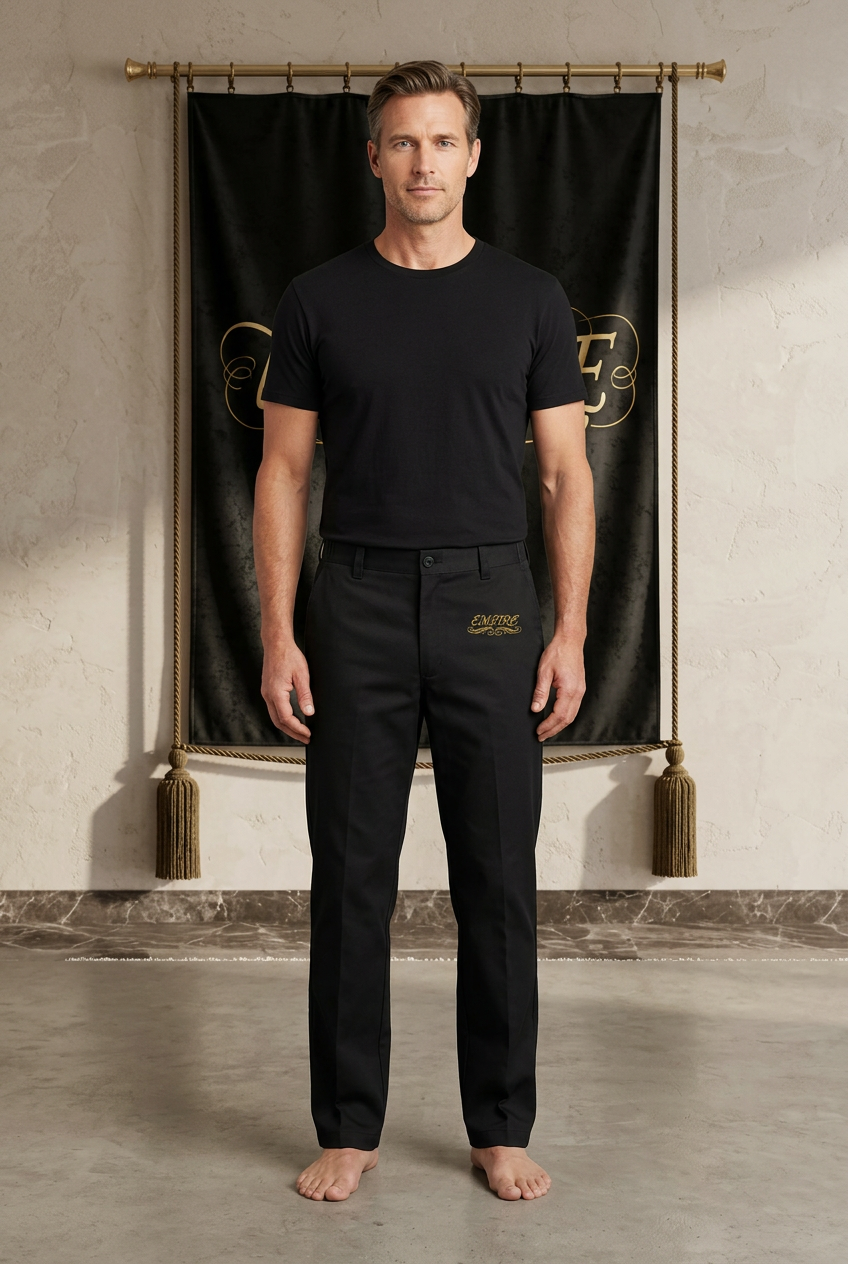 Pantalon noir homme EMPIRE en twill, signature dorée sur le haut de la cuisse gauche, vue de face portée