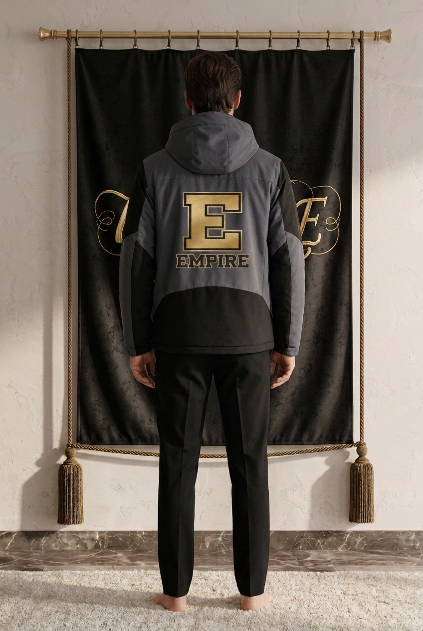 Veste homme EMPIRE Gold Letter grise et noire à capuche, grand E doré et inscription EMPIRE au dos, vue arrière portée