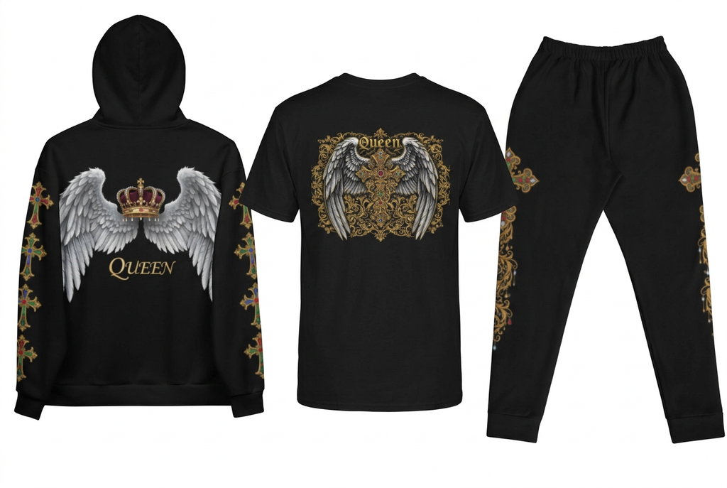 EMPIRE Cross Angel hoodie and Queen Shield T-shirt with distinct winged back designs, alongside baroque cross joggers, separate back views.