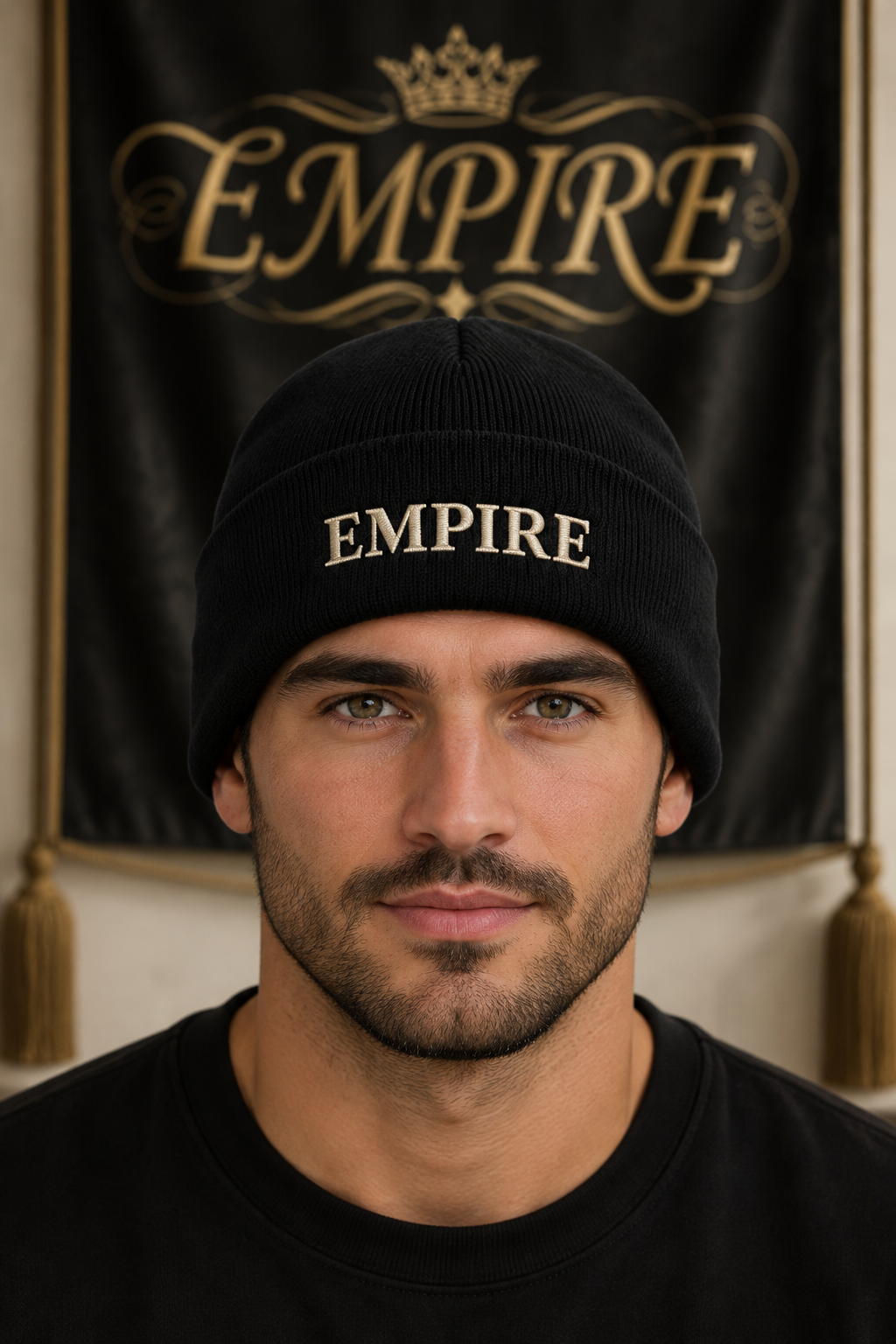 Bonnet en maille noir homme EMPIRE, broderie claire sur le revers, porté en gros plan dans le décor EMPIRE