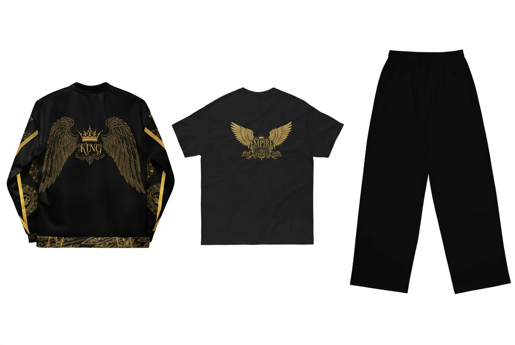 EMPIRE King bomber with winged KING artwork, Crown T-shirt with winged EMPIRE crest and plain black wide-leg pants, separate back views on white.