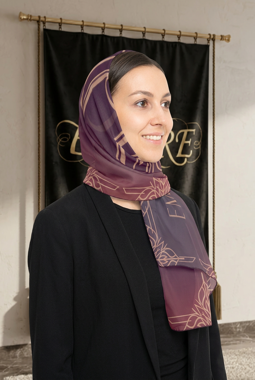 Foulard femme EMPIRE Art Deco porté sur la tête et autour du cou dans le décor EMPIRE