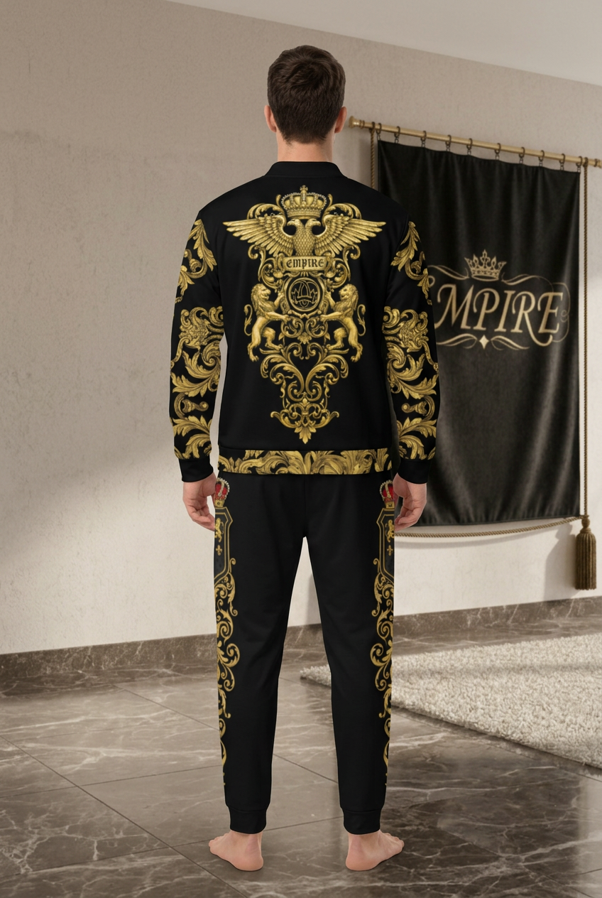 EMPIRE men's Premium Baroque bomber with gold-toned crowned eagle and lion crest, matching joggers, worn back view.