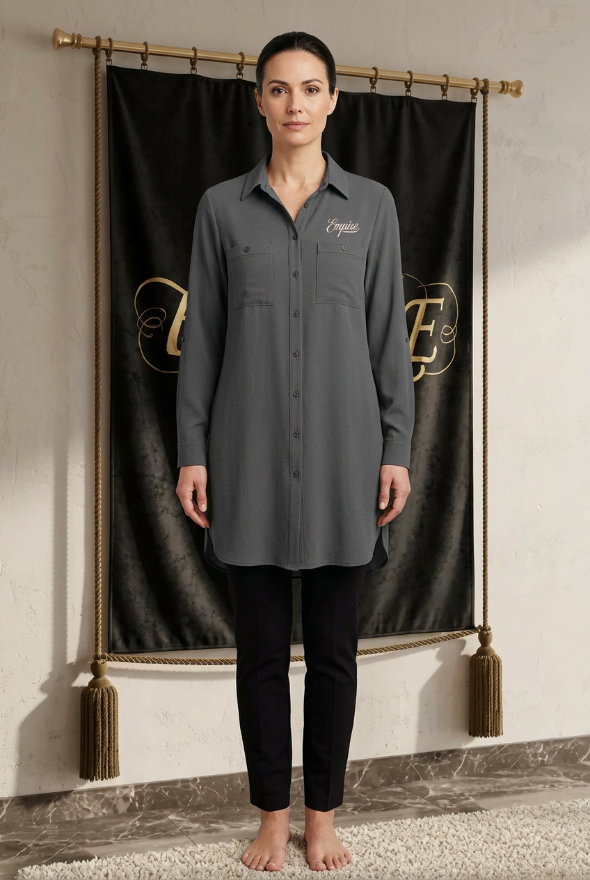 Chemise tunique grise femme EMPIRE en crêpe texturé, deux poches poitrine et signature Empire, vue de face portée
