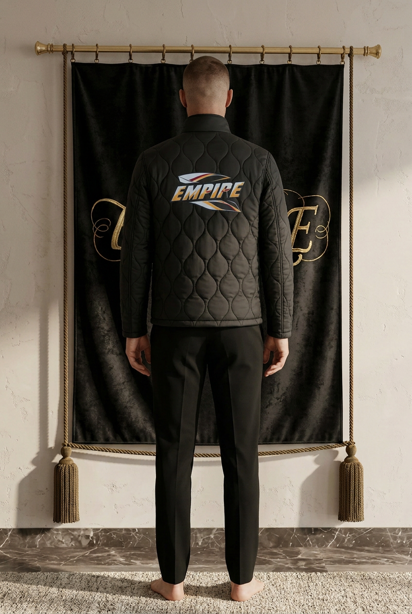 Veste matelassée légère noire homme EMPIRE, motif argenté et doré au dos, vue arrière portée
