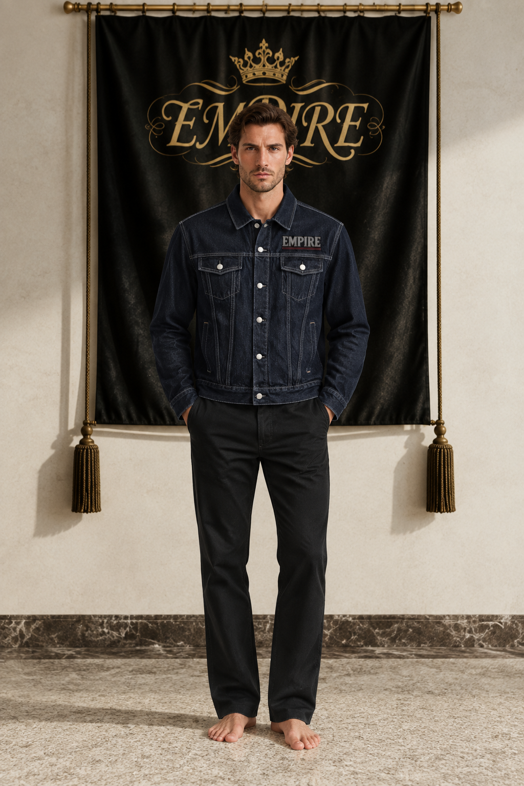 Midnight navy men's EMPIRE Midnight Guitar vintage-wash denim jacket with chest wordmark, front view
