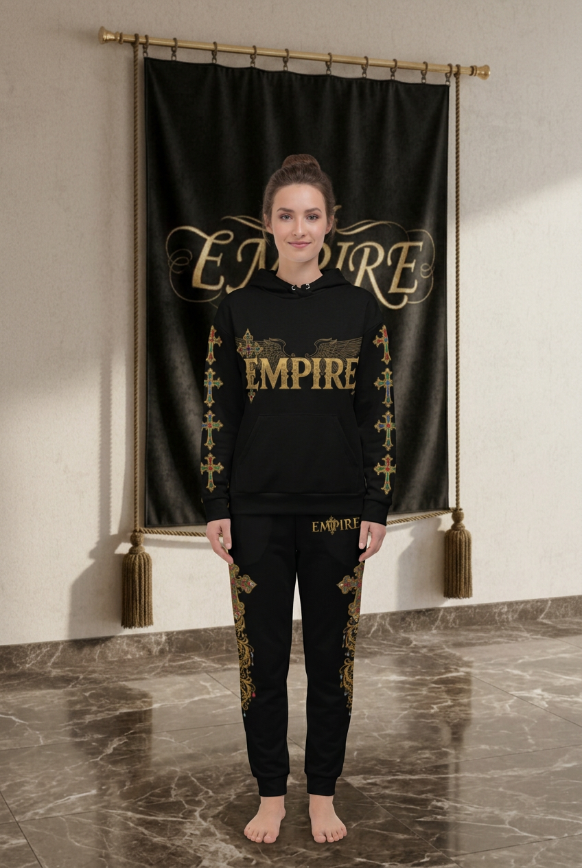 EMPIRE women's Cross Angel Queen hoodie and baroque cross joggers, worn front view.