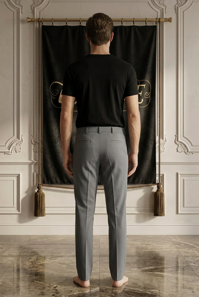 Pantalon gris homme EMPIRE Eterne, vue arrière portée avec un haut noir uni rentré à la taille