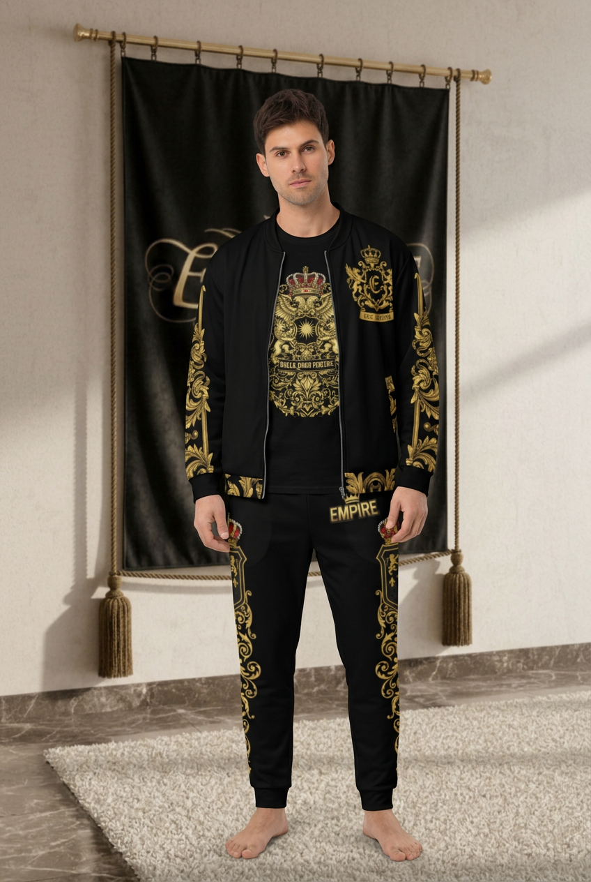 EMPIRE men's Premium Baroque set, open black bomber, Build Your Empire T-shirt and matching gold-pattern joggers, worn front view.