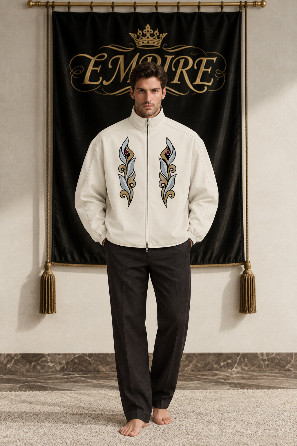 Light ivory men's EMPIRE Sovereign Ornament stand-collar jacket with symmetrical silver, gold and burgundy chest ornaments, front view