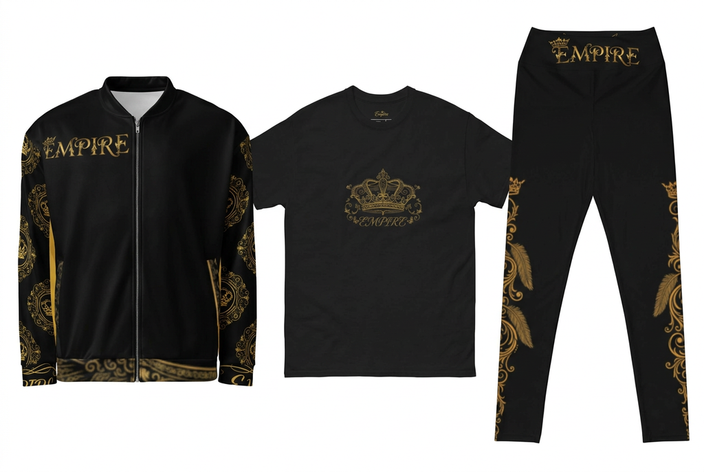 EMPIRE Queen bomber jacket, Crown T-shirt and Queen yoga leggings in black with gold-toned artwork, separate front views.