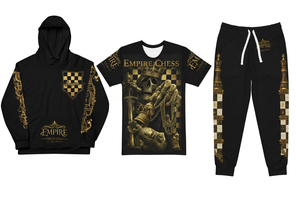 EMPIRE Chess Club hoodie, skeletal chess graphic T-shirt and chess-inspired joggers, separate front views.