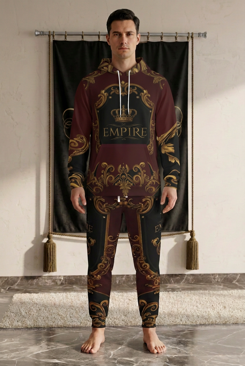 Hoodie EMPIRE Baroque Ornament bordeaux, noir et doré porté avec le jogger assorti, vue de face dans le décor EMPIRE