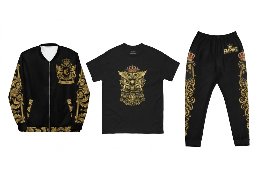 EMPIRE Baroque bomber, Build Your Empire T-shirt and Baroque joggers in black and gold-toned designs, separate front views on white.