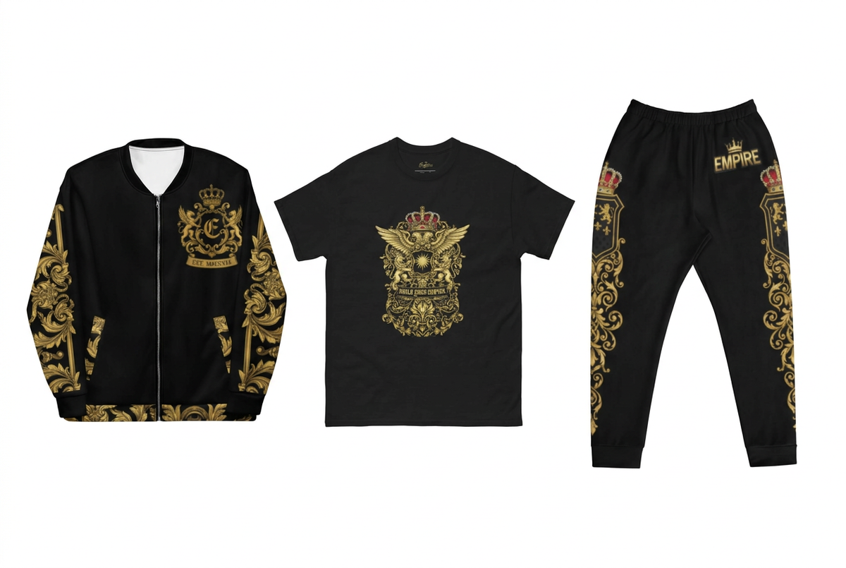 EMPIRE Baroque bomber, Build Your Empire T-shirt and Baroque joggers in black and gold-toned designs, separate front views on white.