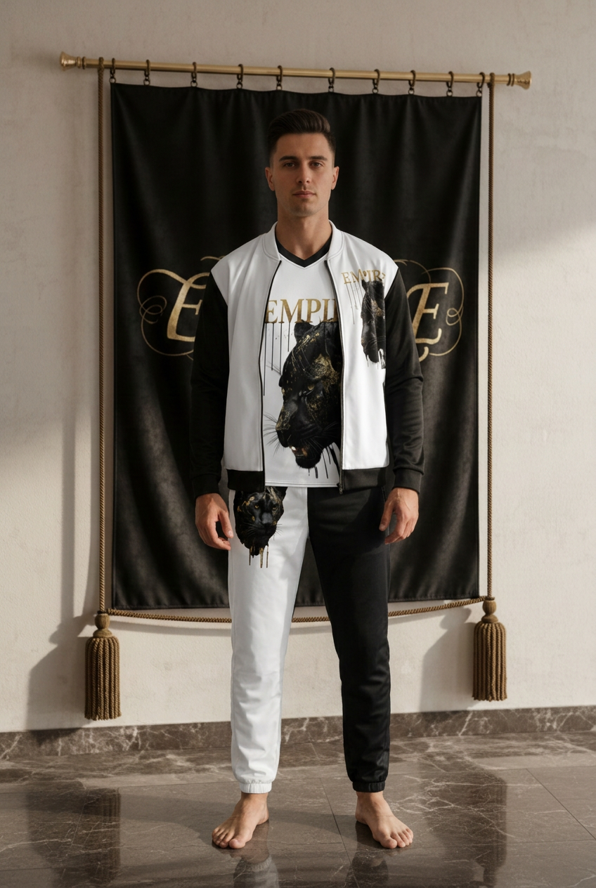 EMPIRE men's Panther outfit in black and white with gold-toned details, open bomber jacket, sports jersey and matching track pants, front view.
