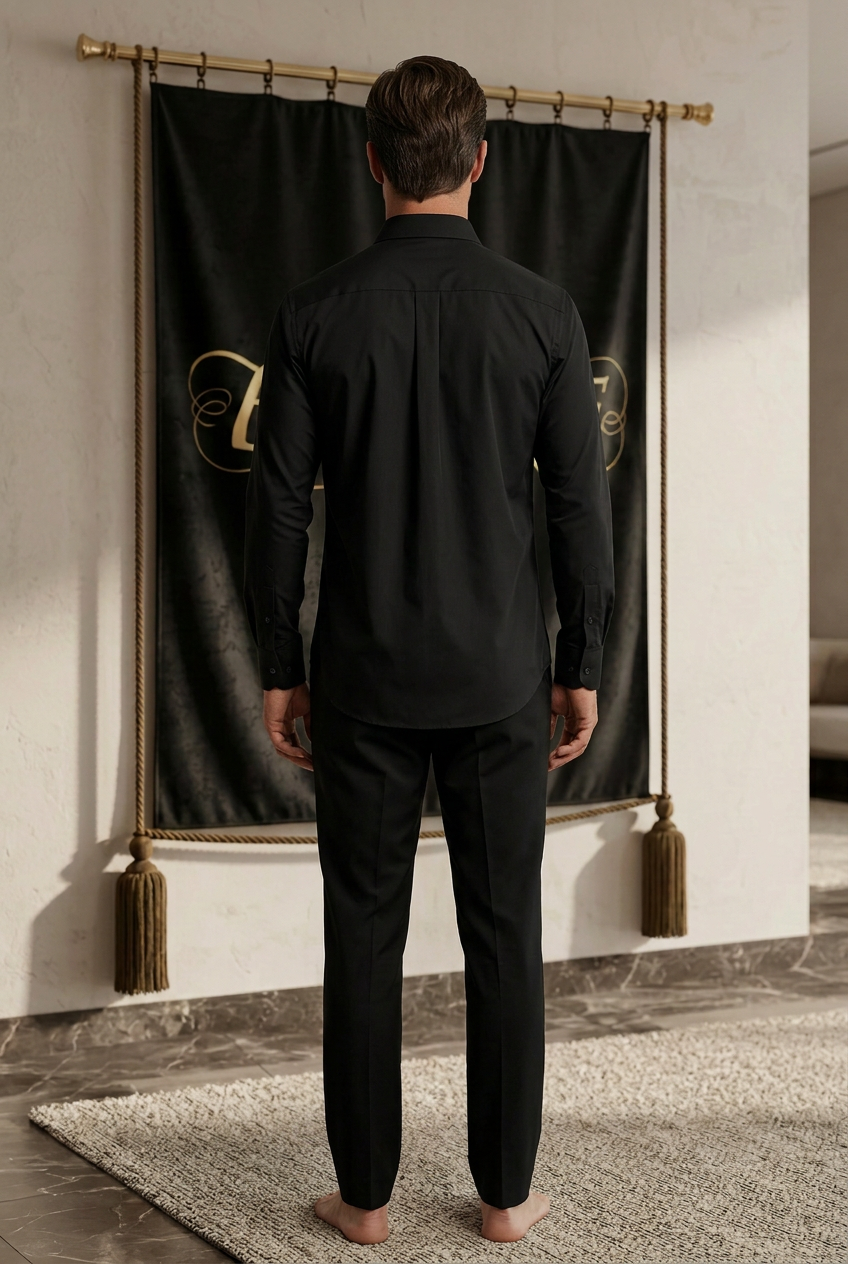 Chemise noire homme EMPIRE Crest, dos uni avec empiècement et pli central, vue arrière portée