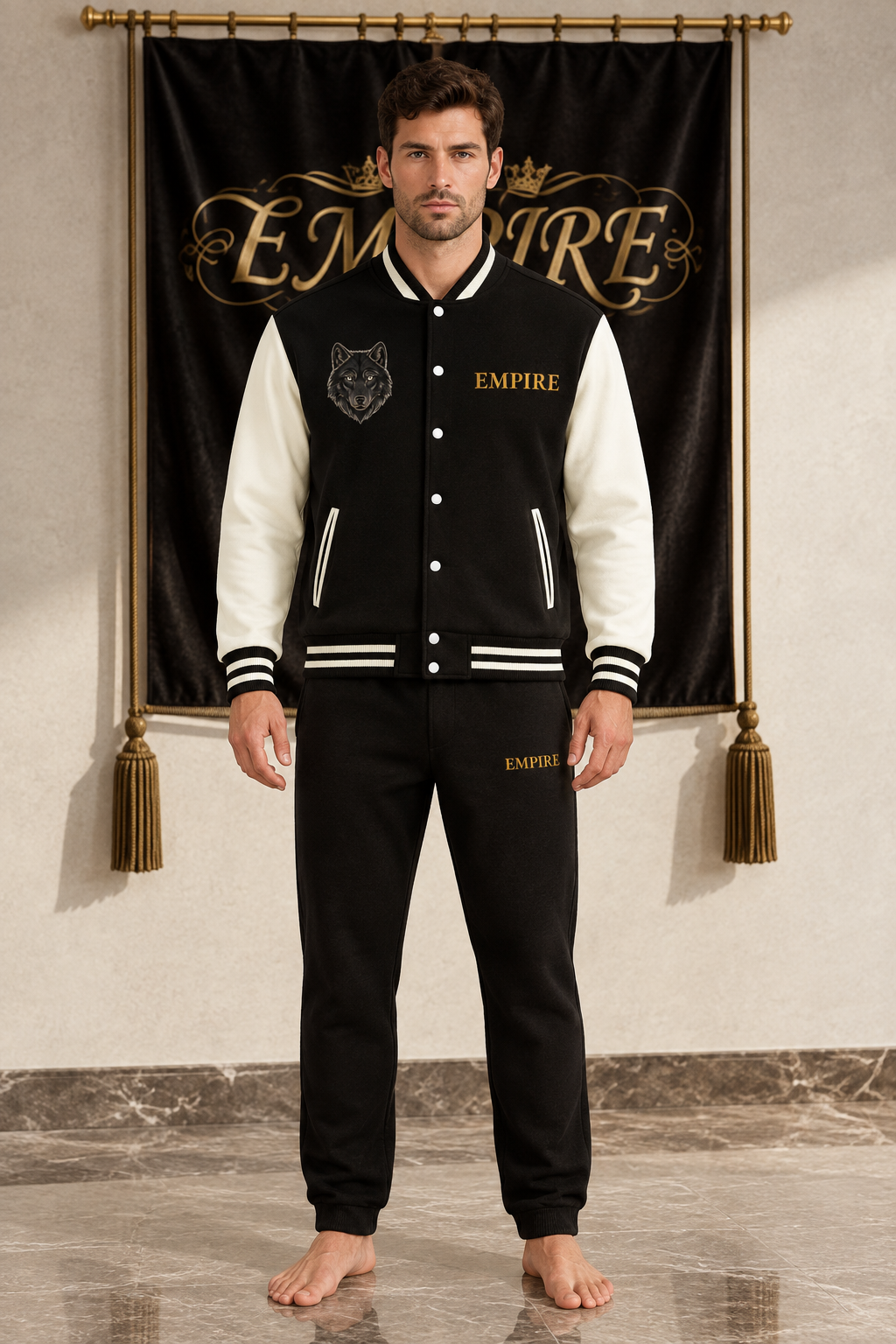 Black and ivory men's EMPIRE fleece varsity jacket with black wolf chest emblem and gold wordmark, front view on barefoot male model