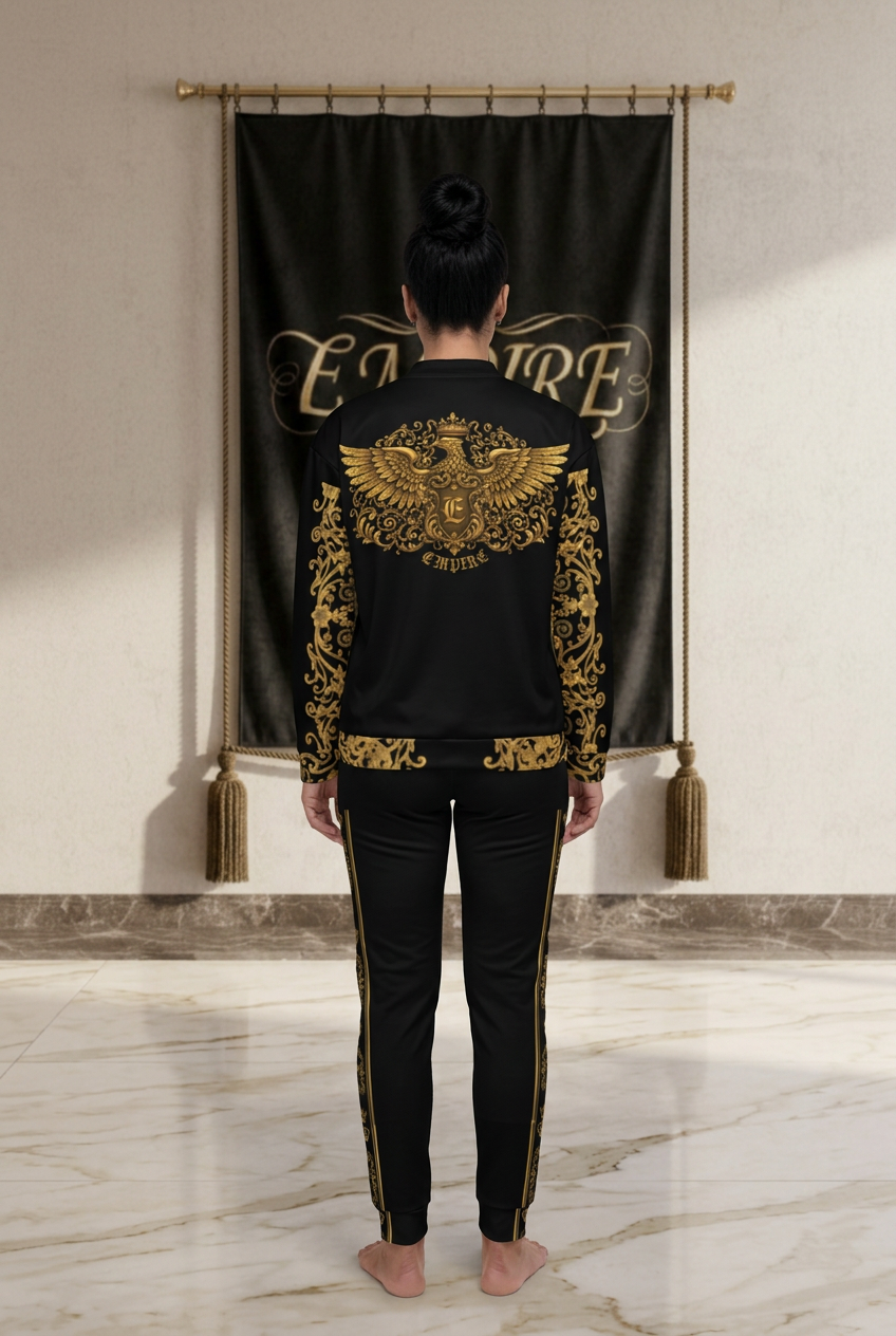 EMPIRE women's Gold Baroque bomber with crowned eagle back crest and matching joggers, worn back view.