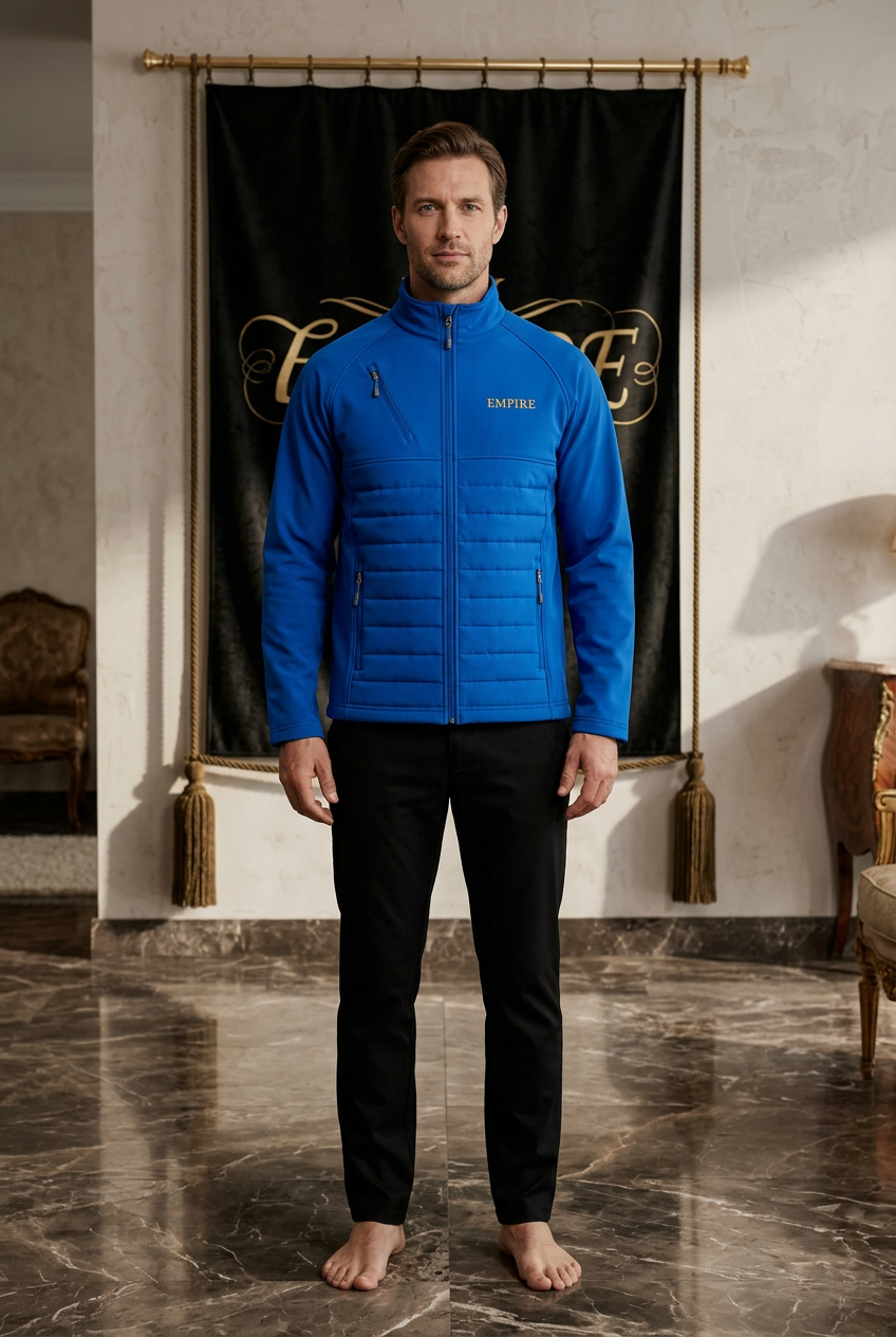 Veste hybride softshell bleue homme EMPIRE Griffin à col montant, inscription dorée sur la poitrine, vue de face portée