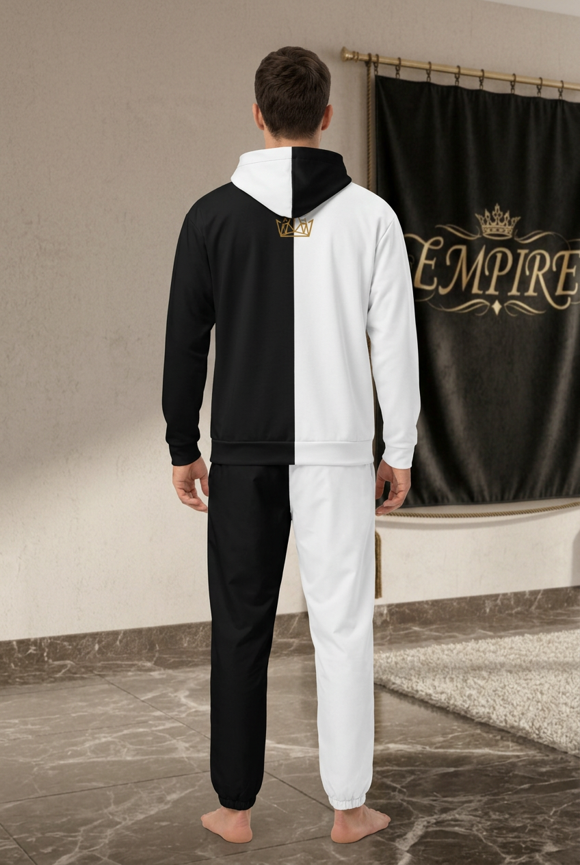 EMPIRE men's Split Design black-and-white hoodie with small gold-toned crown and matching track pants, worn back view.