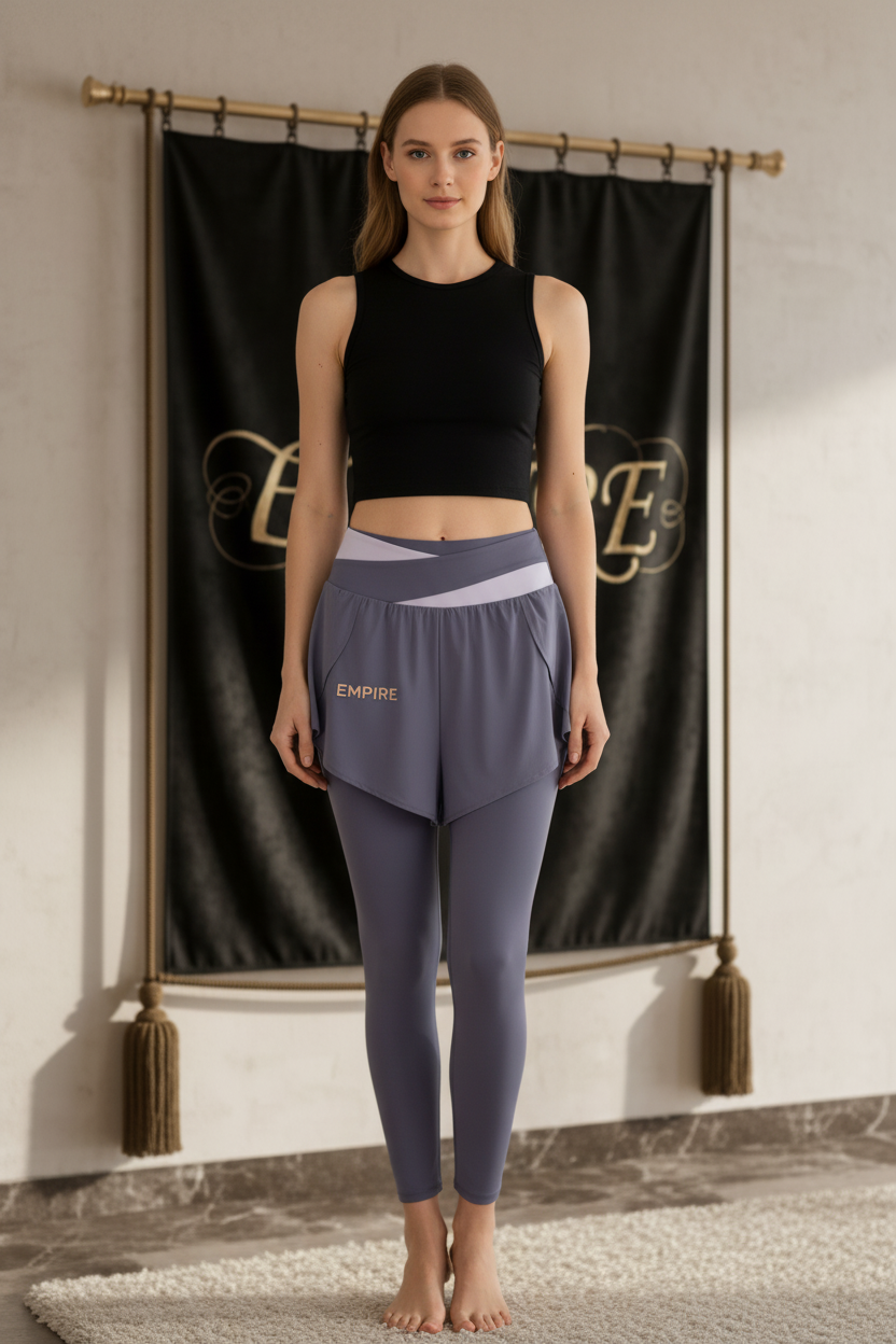 Femme portant l’ensemble EMPIRE mauve composé d’un legging ajusté et d’un short fluide superposé, ceinture croisée et logo EMPIRE doré à l’avant.